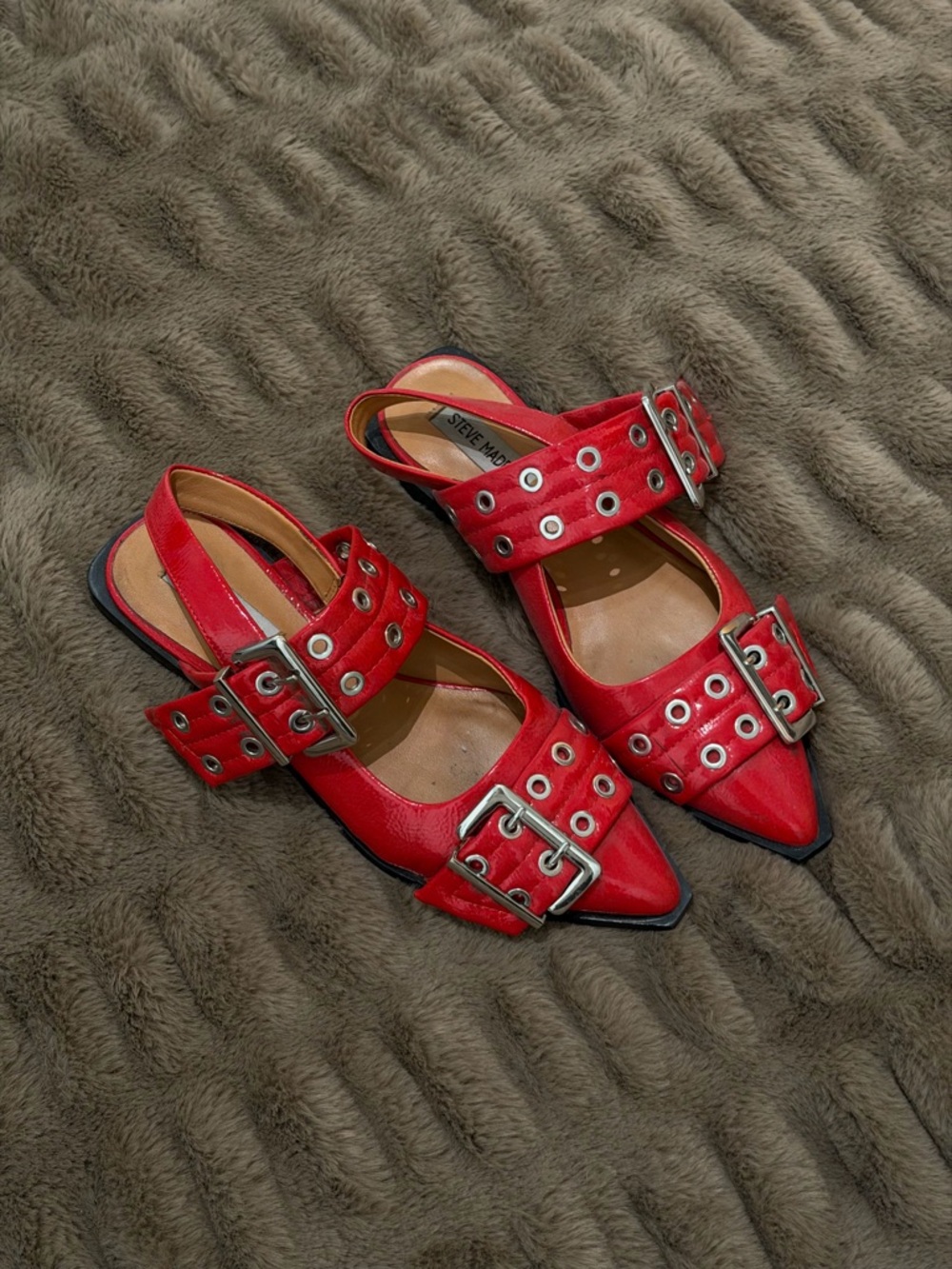 Steve Madden Red Grommet Buckle Pointed Slingback Flats